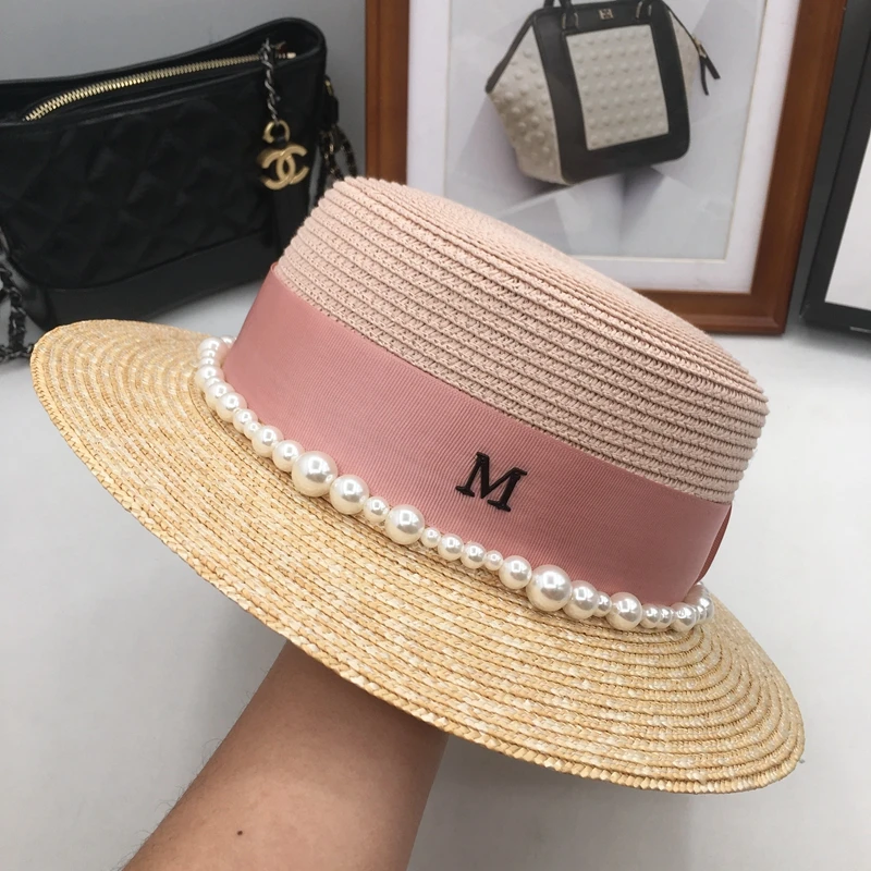

Spring, summer, color matching, short straw flat eaves pearl M standard hat shading is prevented bask in female hat