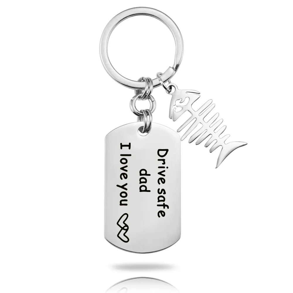 Fashion fish bone Keyring Gifts Engrave Drive safe dad i love you Keychain Silver Metal Pendant Stainless Steel Car key chain | Украшения и