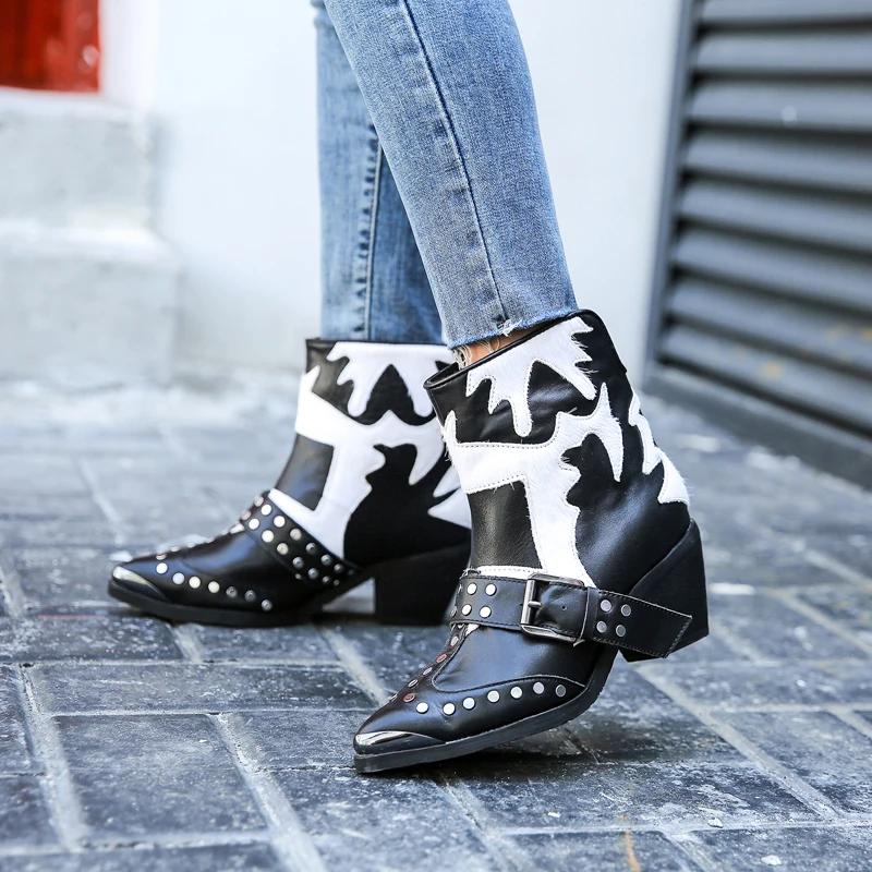 

JUNBIE New Genuine Leather Cowboy Metal Studded Women Ankle Boots Sexy Pointed Toe Buckle Strap Women Winter Boots Shoes Women