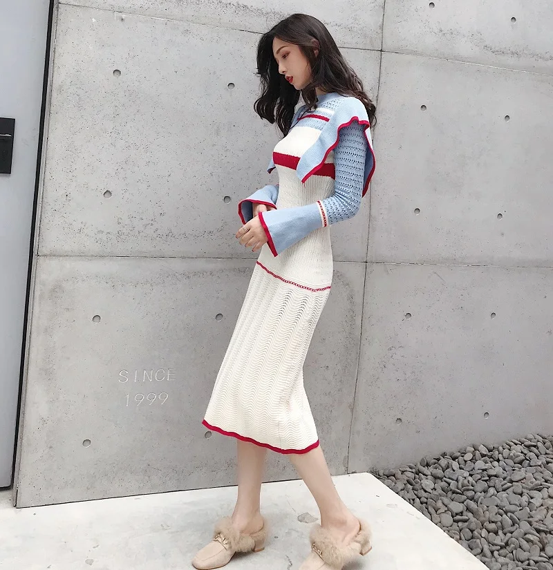 

2020 Women Turtleneck Collar Knitted Sheath Dress Autumn Winter Blue Patchwork Ruffles Bodycon Mermaid Warm Sweater Dress