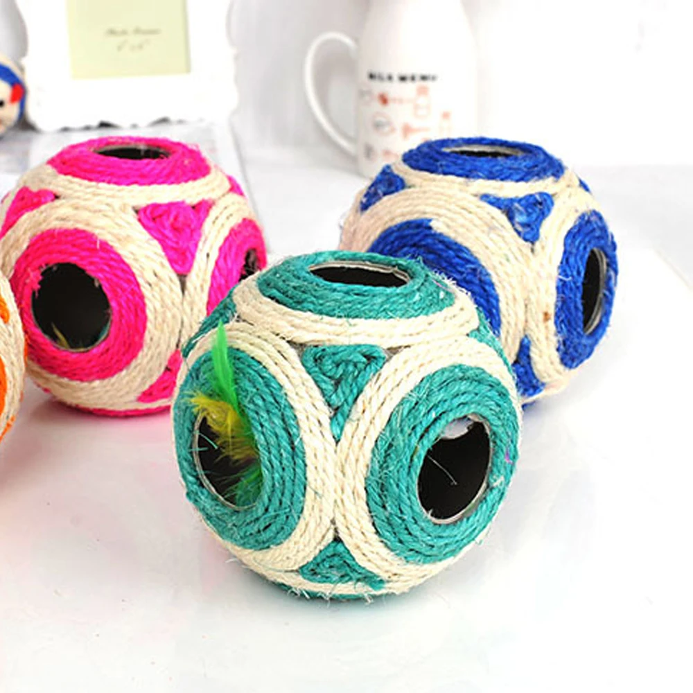 

cat colorful sisal wool ball Feather Grinding claws durable toy Cat Teaser happy cat supplies random color