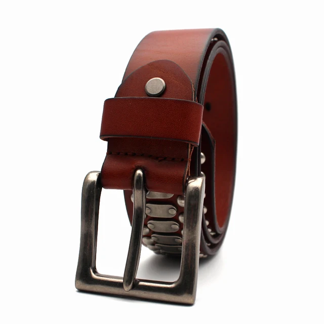 ZAYG Belt punk high quality belt Men and Woman belt leather luxury brand pin buckle belt metal big copper rivet waist seal jeans Orange