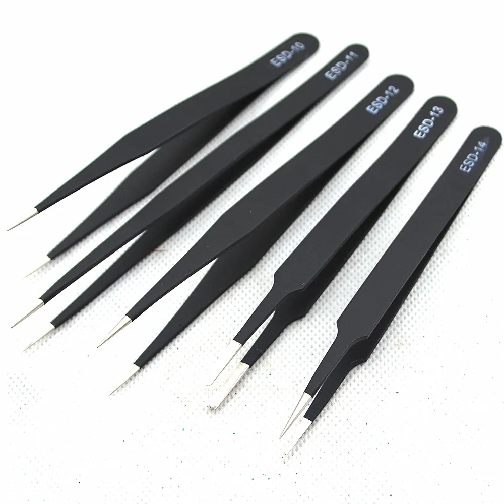 9Pcs Tweezers ESD 10-18 High-elastic Anti-static Stainless Steel Soldering Tweezers Hand Tool Set for Soldering Station Tool Kit