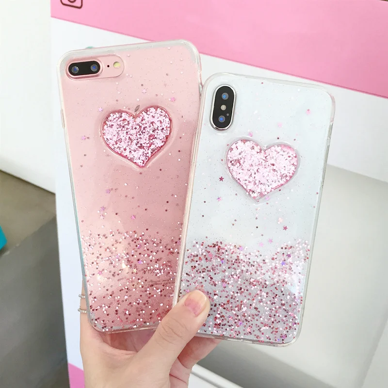 

Shiny Pink Silver Glitter Heart Case For iPhone 6S 6 7 8 Plus Transparent TPU Gel Case for iPhone X Xs Max XR XS Soft Back Cover