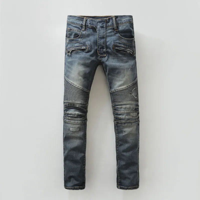 

High Street Fashion Mens Jeans Vintage Designer Destroyed Biker Jeans Men Slim Fit Balplein Brand Motor Ripped Jeans Homme