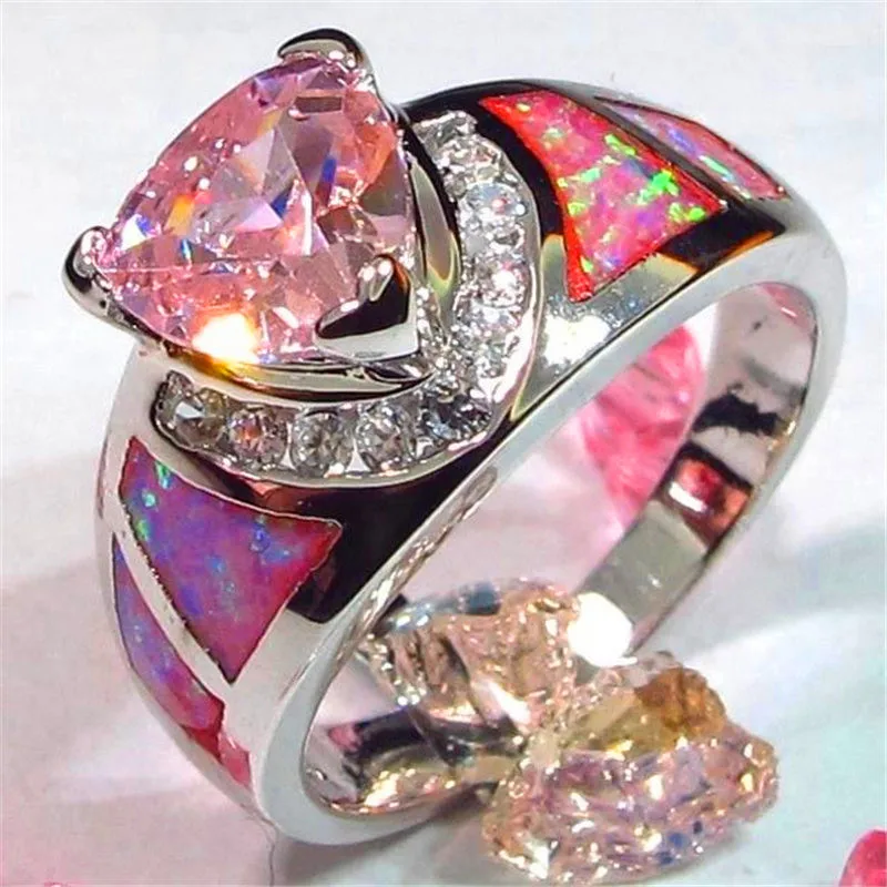 

Unique Style Female Pink Fire Opal Ring 925 Sterling Silver Triangle Ring Wedding Band Promise Engagement Rings For Women