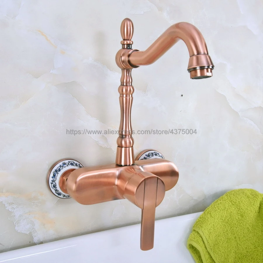 Red Copper Antique Wall Mounted Bathroom Sink Faucet Swivel Spout