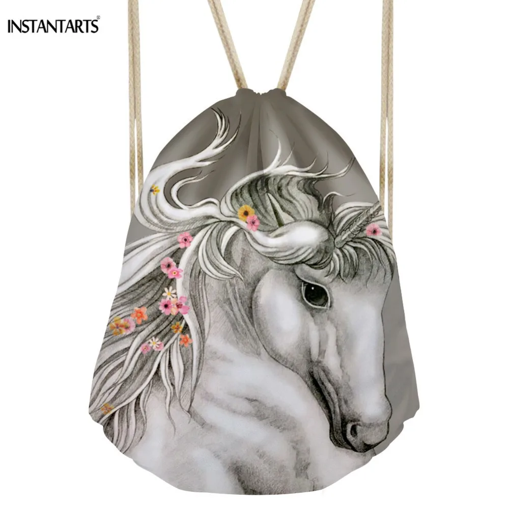 INSTANTARTS Fashion Drawstring Bag 3D Unicorn/Horse Pattern String Backpack Women Casual Girl's Sport Bags Casual Beach Pouch