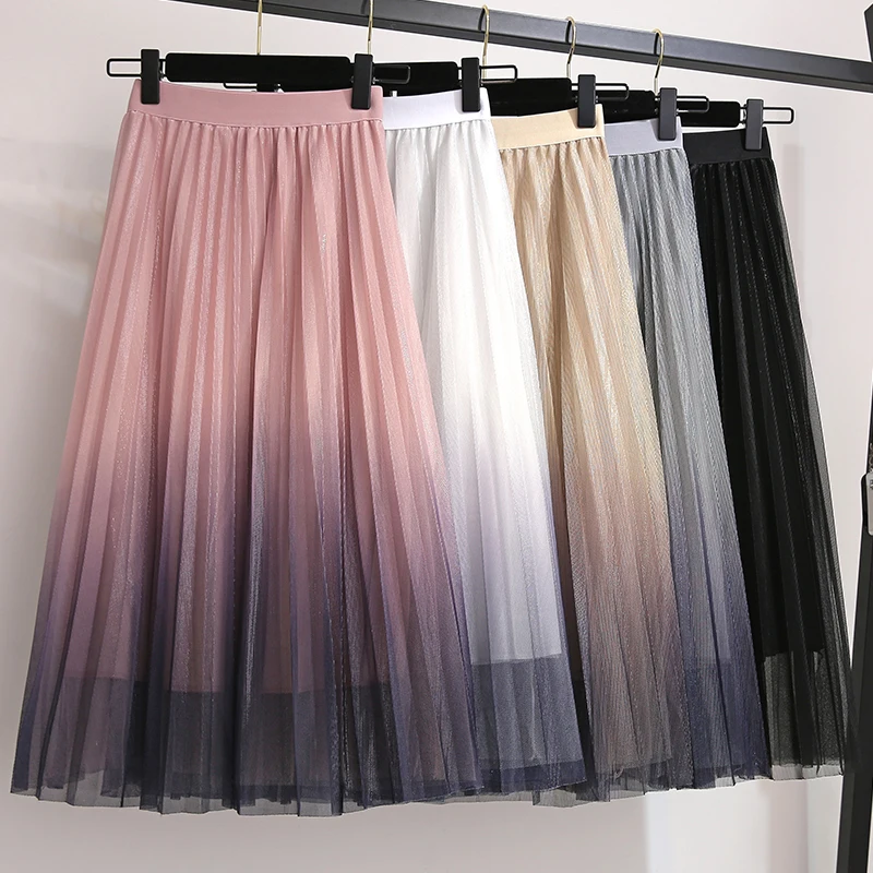 

Flectit Gradational Colored Glitter Mesh Pleated Skirt with Elastic Waist Midi Length Flowy Skirt Women Party Outfit