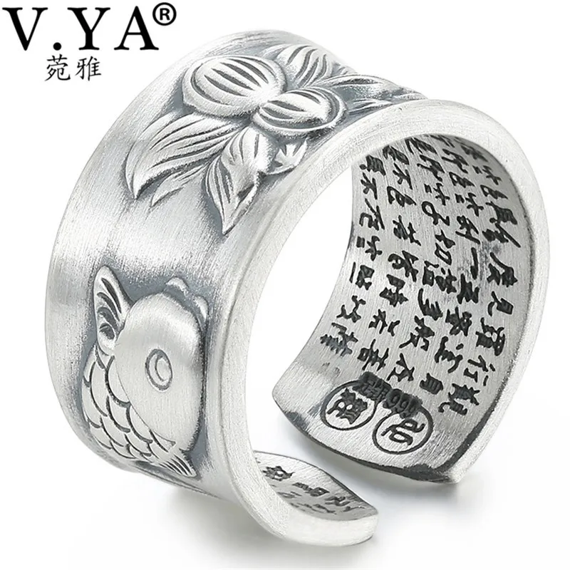 Tanie V. YA Thai Silver fish Lotus pierścienie kwiatowe dla kobiet mężczyzn oryginalny 990 Sterling Silver biżuteria regulowany rozmiar