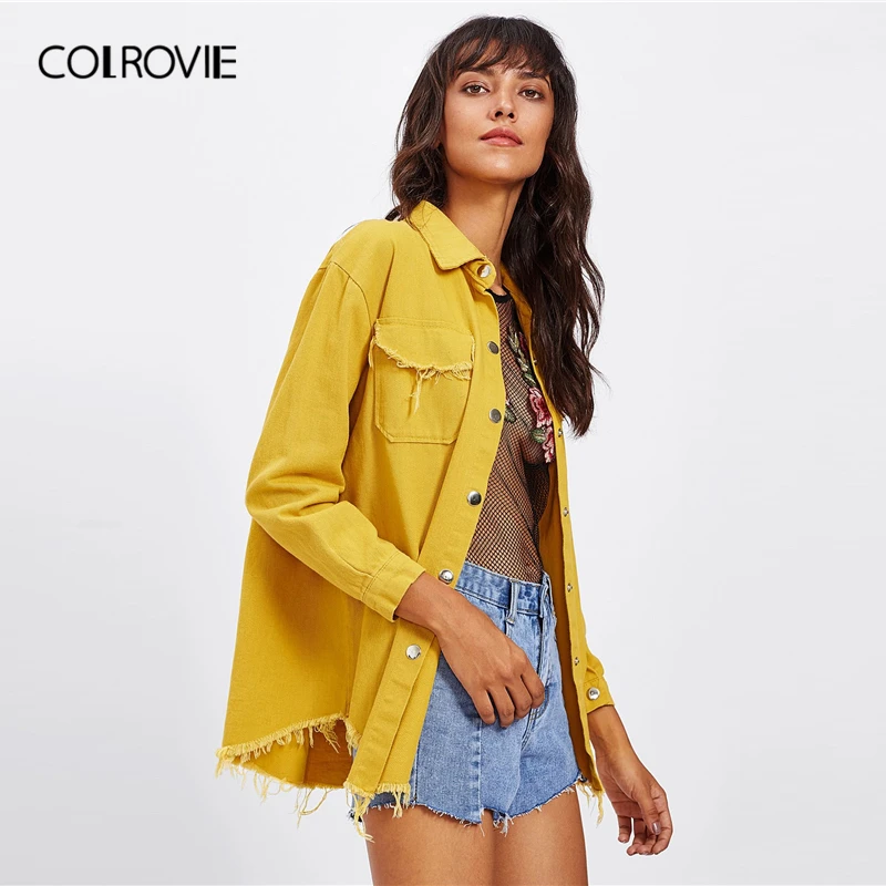COLROVIE желтая однотонная однобортная Повседневная джинсовая куртка на пуговицах женская верхняя одежда Весенняя уличная одежда пальто с потертостями и карманами