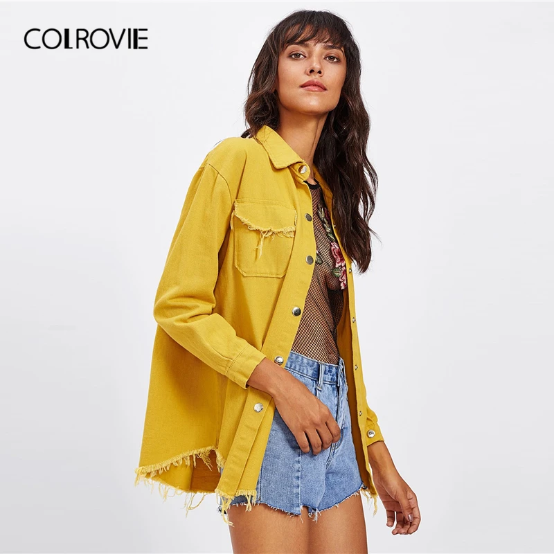 Женская однобортная джинсовая куртка COLROVIE Повседневная Верхняя одежда желтого