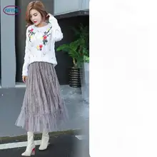 NFIVE бренд для женщин марли юбки средней длины корейский демисезонный сращивания сплошной цвет воланом эластичный пояс Pleuche плиссированная юбка