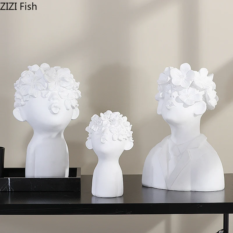 Resin Human Head Statue Accessories Flower Vase Countertop Vase Nordic Style Home Decoration Crafts