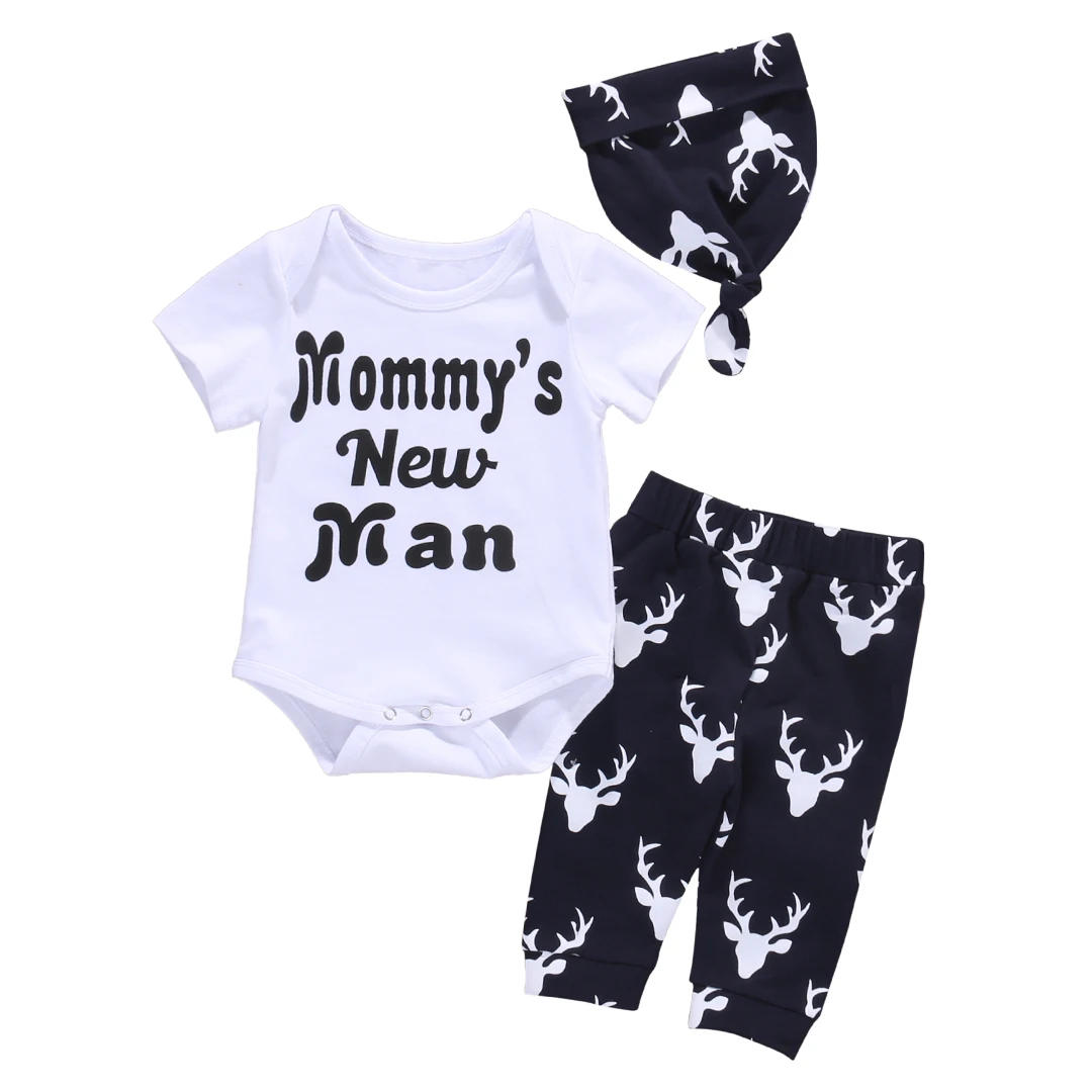 2016 Newborn Baby Boy Clothes Mommy s Little Man Short Sleeve Cotton Romper Bodysuit Deer Pant