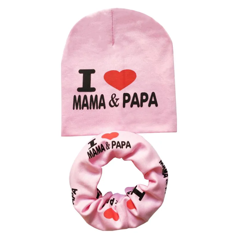 Pink MAMA PAPA set Новая осенне-зимняя детская шапка, комплект для мальчиков и девочек, шарф на шею, весенний теплый шейный платок, детские вязаные шапки, комплекты, хлопковая детская шапка, шарф - Цвет: Pink MAMA PAPA set