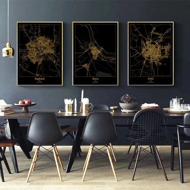 

Baghdad Basra Erbil Iraq City Map Black and Gold Map Canvas Art Print Wall Pictures for Living Room No Frame