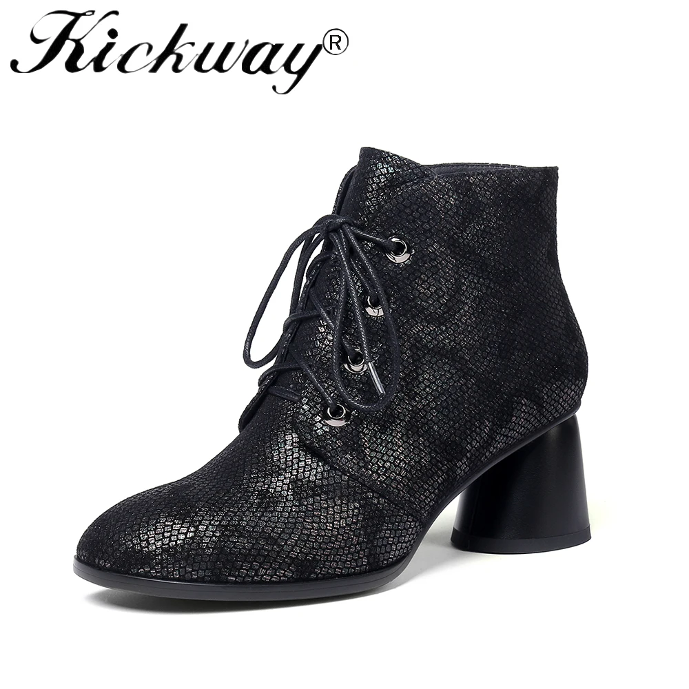 

Kickway Women Ankle Boots Soft Snake Sheepskin Thick Round high Heel Square Toe Boots Winter Autumn Boots Warm Fur Big Size 42