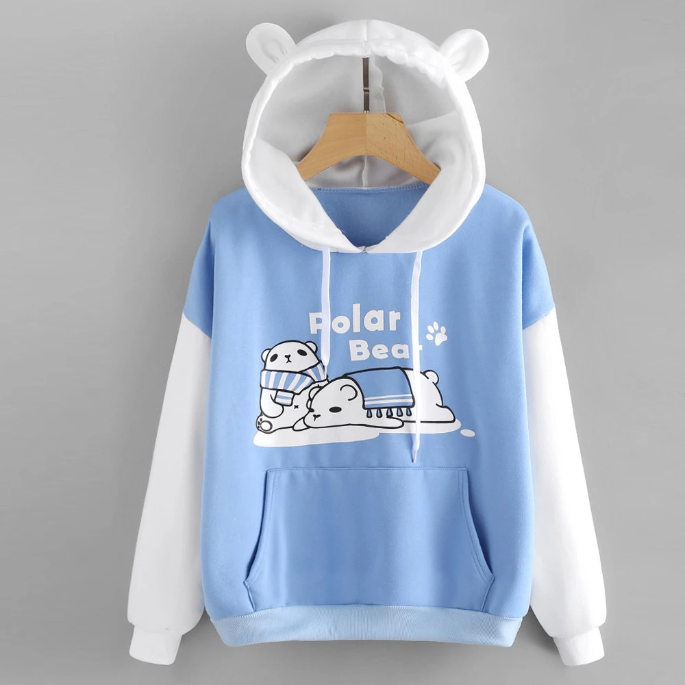 

Hoodies Polar Bear Cartoon Sweatshirt Women Girl Cat Ear Sweatshirts with Front Pockets Winter Pullover I28T Drop Shipping
