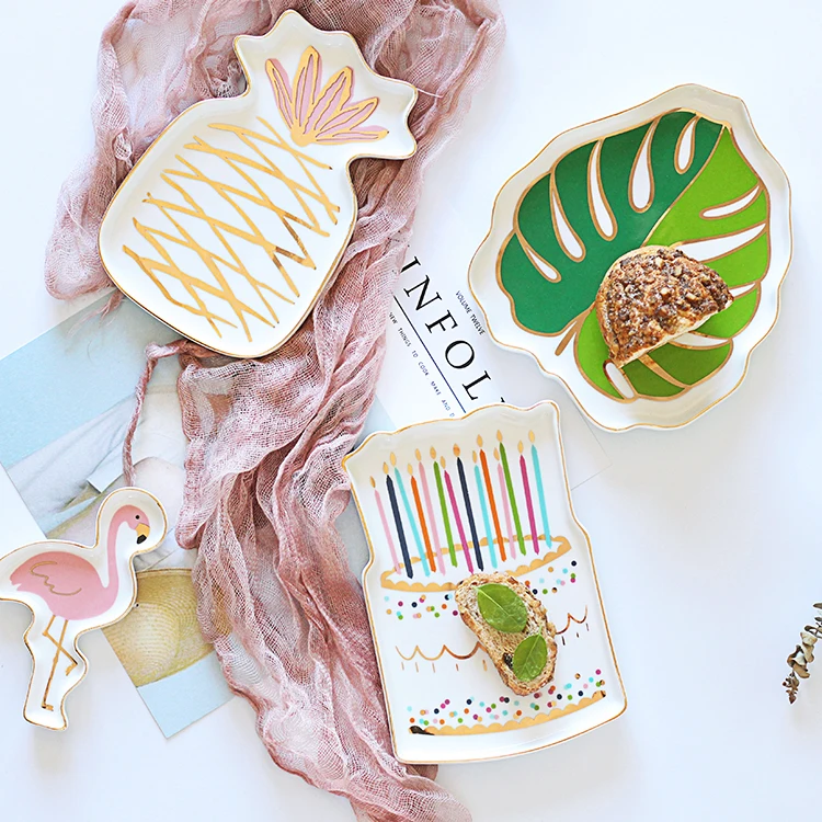 Ceramic Dessert Plates Small Donut Flamingo and Monstera Decorative Porcelain Dish Candy Fruit Jewelry Storage Tray