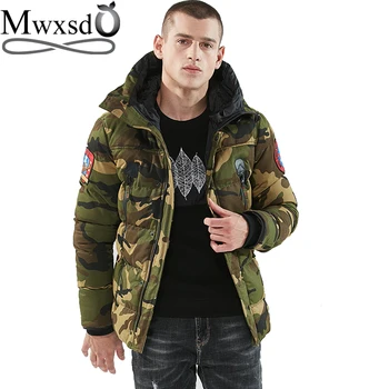 

Mwxsd brand winter Men warm hooded cotton parka jacket men's middle long Camouflage military bomber parkas warm overcoat jacket