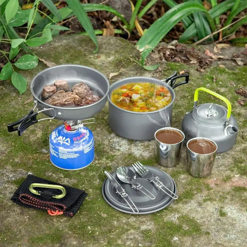 

2-3 Person Outdoor Camping Picnic Tableware Spoon Fork Knife Kettle Cup Kit Cooking Pot