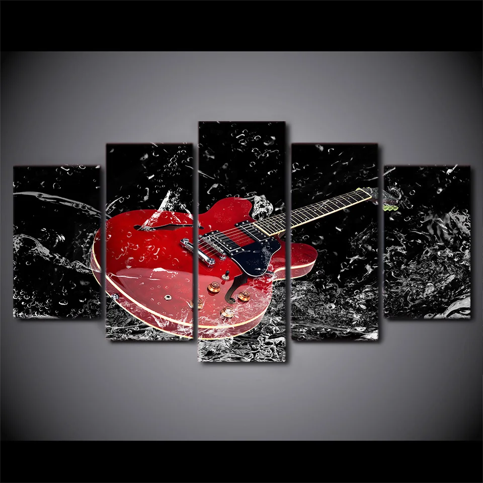 5 Piece HD Printed Black Red Guitar Framed Wall Picture Art Poster