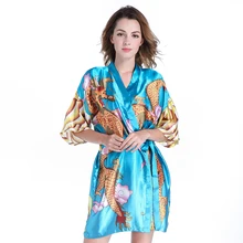 Синий китайский женский Атласный халат кимоно кафтан халат сексуальный короткий халат ночная рубашка с драконом один размер SG060