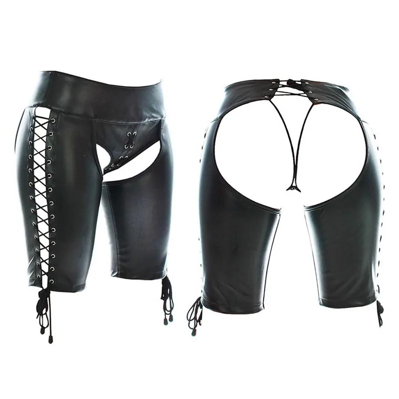 

Women PU Leather Fetish Open Butt Long Shorts Boxer Brief with Crotch and Side Lace Up T-Back Sexy Hot Pants Mistress Costume