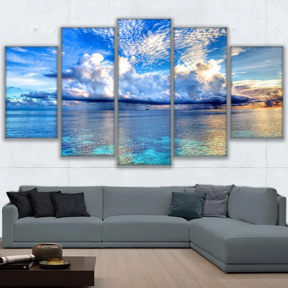 

Wall For Living Room Nordic Decoration 5 Panel Sunrise Landscape New Art Canvas Painting Cuadros Modular Picture Posters