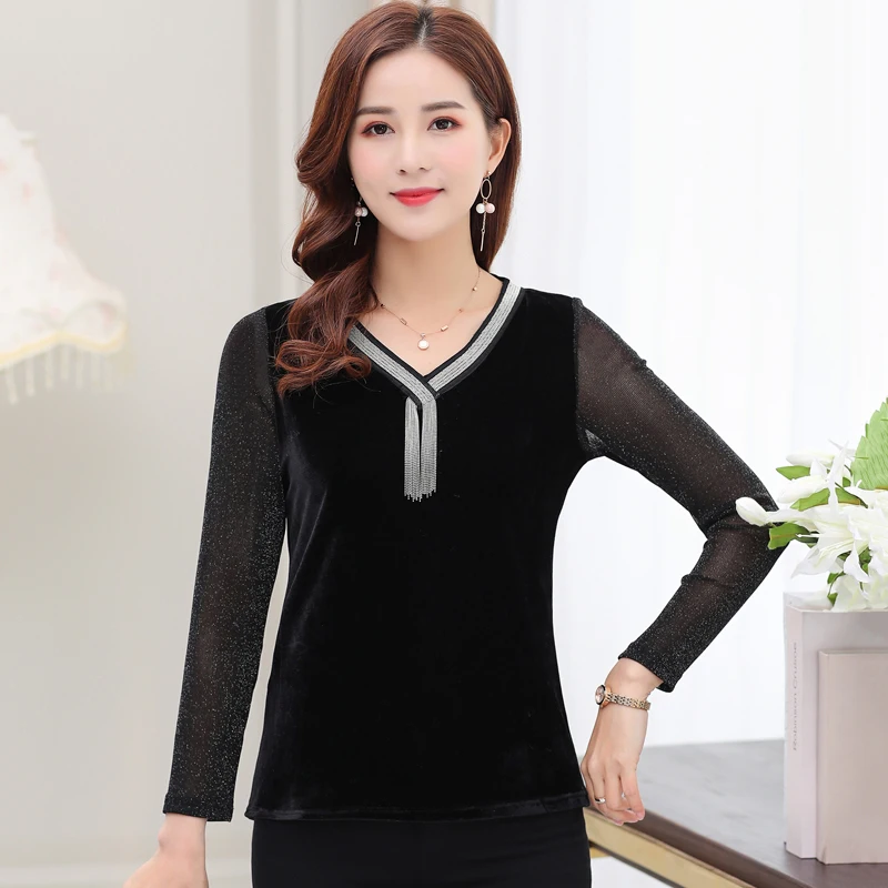 

Velvet Tshirt Long Sleeves Tee Shirts Femme Tops 2019 Spring Fall New Casual Slim Pullover Plus Size XL-5XL Women V-neck Clothes