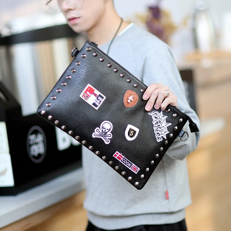 

KISUMATER HOT Skull Envelope Bags Men Day Clutches Punk Rivets PU Document Wristlet Handbag Messenger Shoulder Bag Free Shipping
