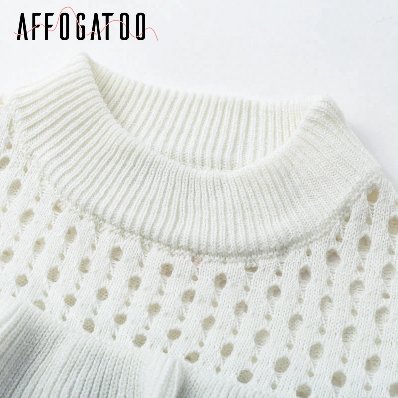 Affogatoo Elegant o neck knitting striped sweater women Hollow out ruffled jumper 2018 Winter flounce sleeve casual pullover Sweaters