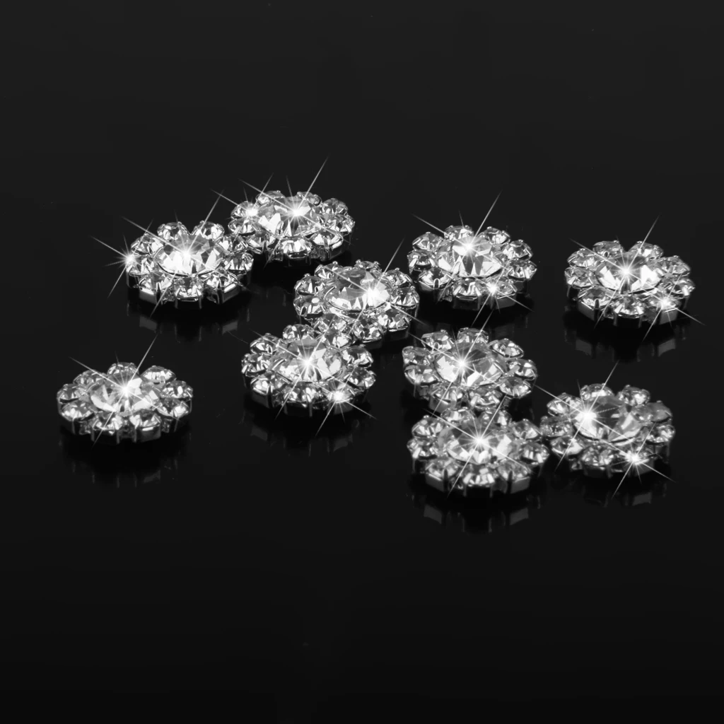 New Hot 10pcs 12mm Clear Crystal Flower Buttons Flatback Decoration DIY for Garment Bags Clothes Headband Gift Accessories
