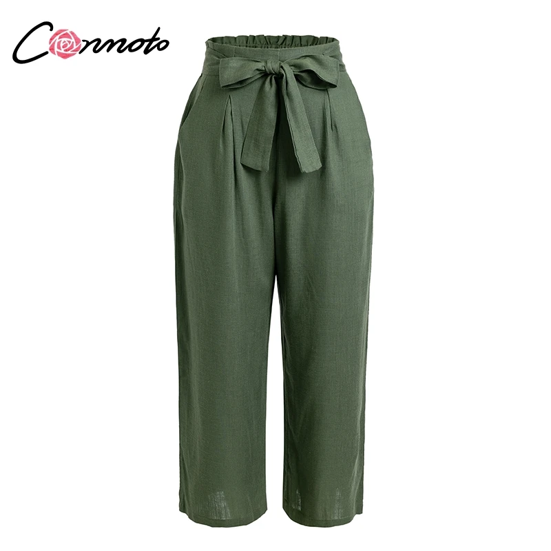 Conmoto Высокая талия широкие брюки облегающие комбинезоны одноцветное Цвет Для женщин длинные брюки Летний Повседневная Женская обувь брюки ремень свободные брюки - Цвет: Зеленый