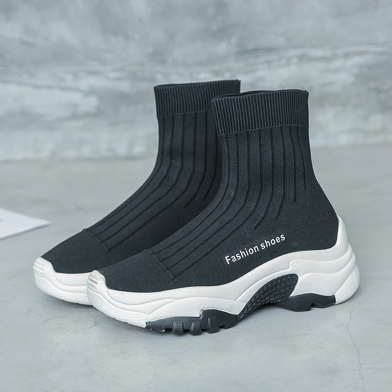 

Womens Knitted Flats Ankle Boots Sport High Top Sneaker Athletic Shoes Black Grey Stretchy Korean Styles A384