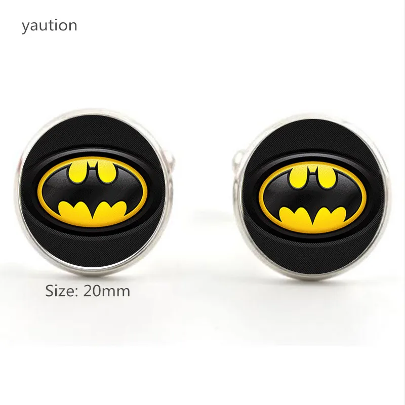 

20mm Novelty Cufflinks Mens Jewelry with Silver/Bronze Plated Glass Cabochon Bat Man Pattern Cuff links Button for Men Wedding