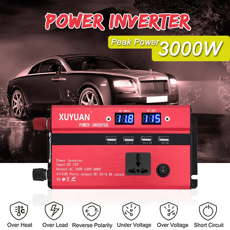 VicTsing Car Power Inverter DC 24V to AC 220V 3000W Inverter Pure Sine 4 USB Ports 1 Socket Power Inverter Charger 12V to 220V   (2)