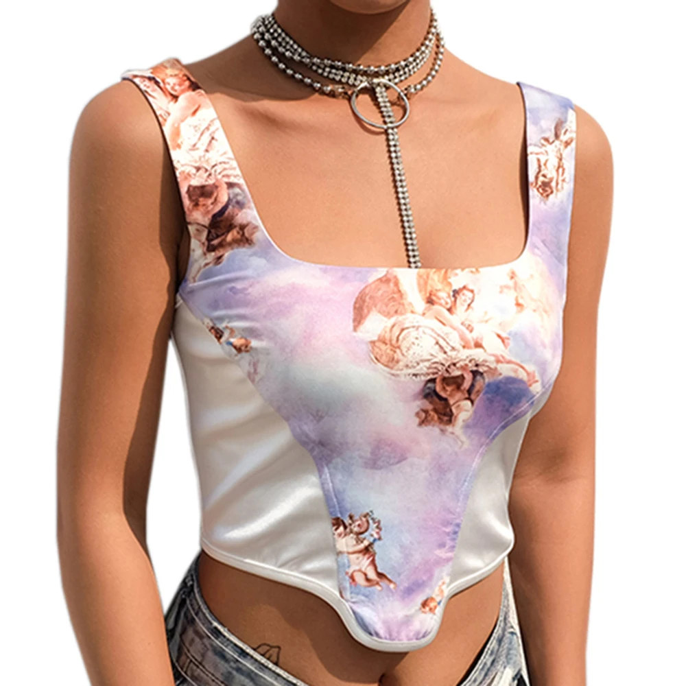 

Fashion Ladies Slim Strap Summer Vest Vintage Angel Patchwork Print Satin Tank Top Short Clothes Cropped Women Tank Corset