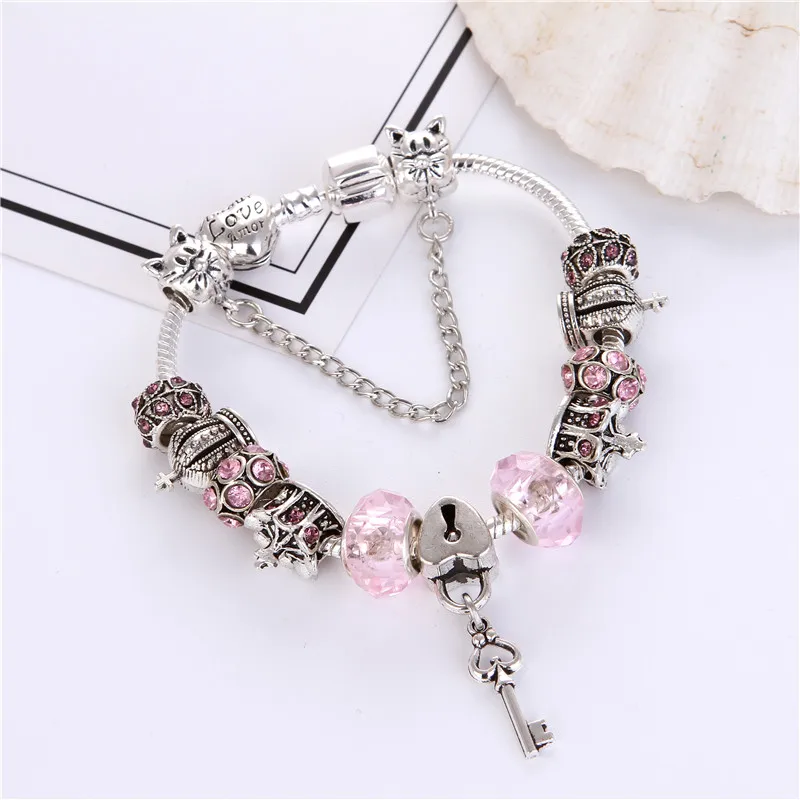 

High Quality Pink Crystal Beads Key pendant Charm Noble Pretty Pan Bracelet For Women/Gril gift jewelry Drop Shipping