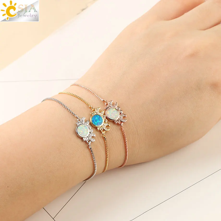 

CSJA Fashion Chain Bracelet Crab Animal Round Opal Zircon Charms Bead Adjustable Link Bangles Ocean Style Jewelry for Women G103