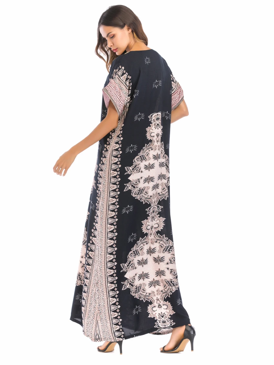 Новое роскошное мусульманское женское длинное платье макси с цветочным принтом цвета вина арабское платье осень Boho пляжная Повседневная