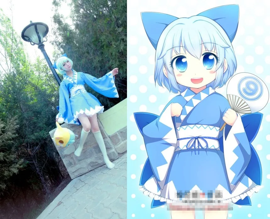 

New Anime TouHou Project Cirno Cosplay Adult Costume Blue Maid Dress+Stocking+Pannier Kimono Dress Halloween Costumes for Women