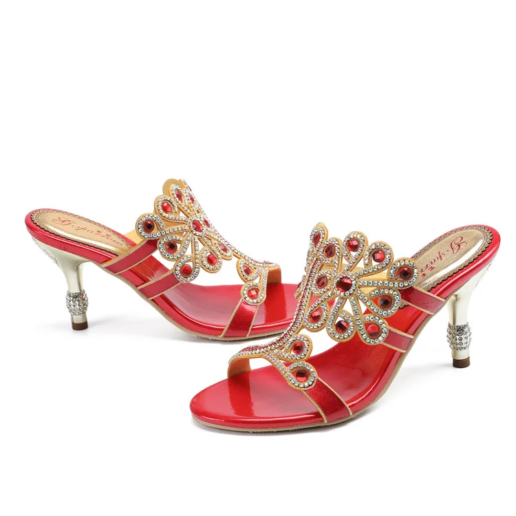 G-sparrow Summer Women Fashion High Heel Stiletto Slippers New Diamond Luxury Elegant Shoes Red Size 1111