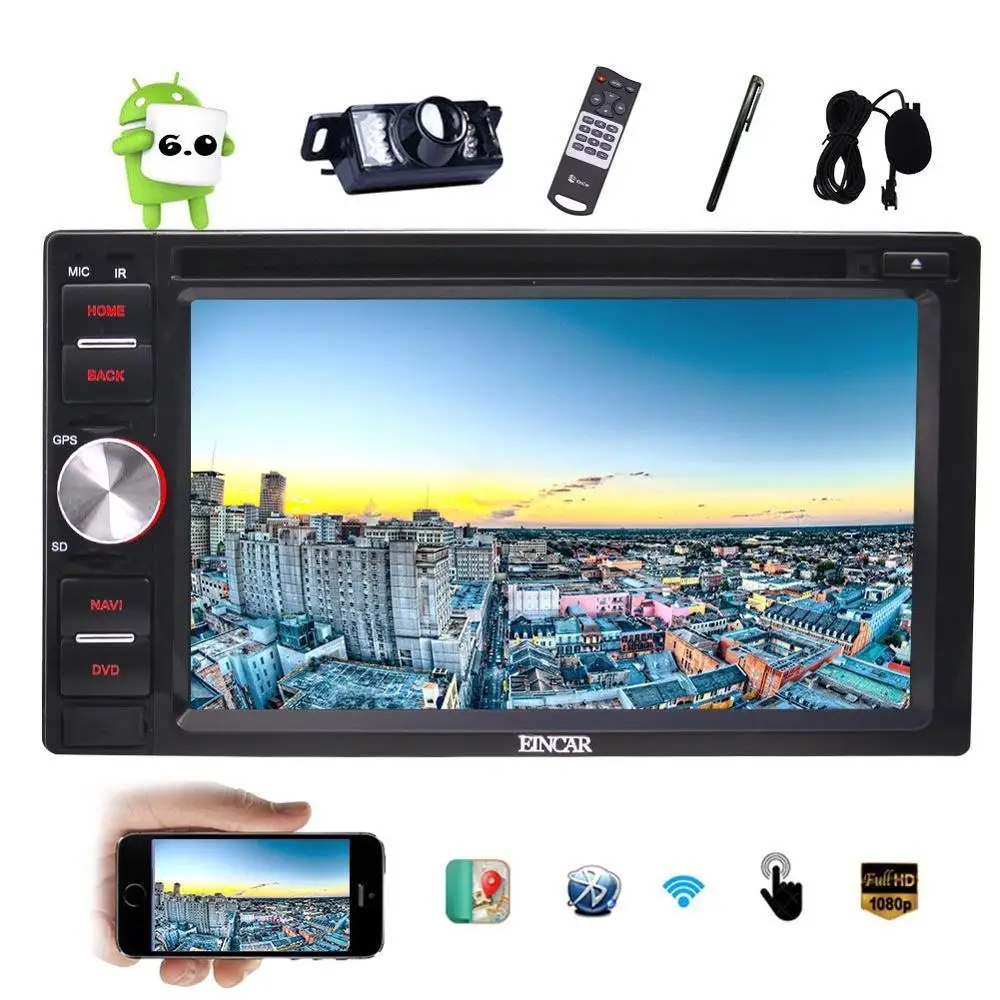 

Android 6.0 Double Din Car DVD Player 6.2'' Car Stereo In Dash Support Bluetooth OBD2 Mirrolink 1080P Video+ External Microphone