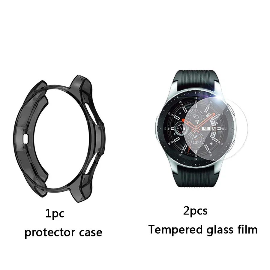 4в1 силиконовый ремешок для часов+ защитный чехол+ Закаленное стекло пленка для samsung galaxy Watch 42 46 мм ремешок для часов защитный чехол стеклянная пленка - Цвет: Black case