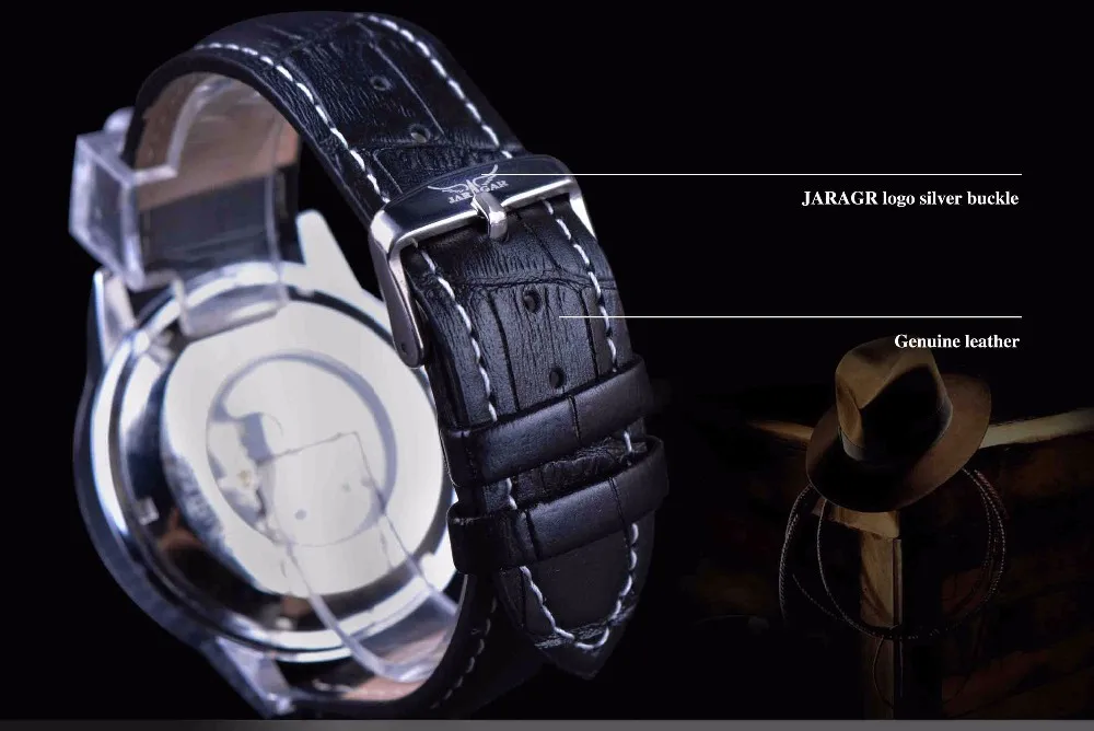 Jaragar, 3 циферблата, дисплей,, классический дизайн, светящиеся стрелки, черный кожаный ремешок, мужские часы, лучший бренд, Роскошные, автоматические мужские часы