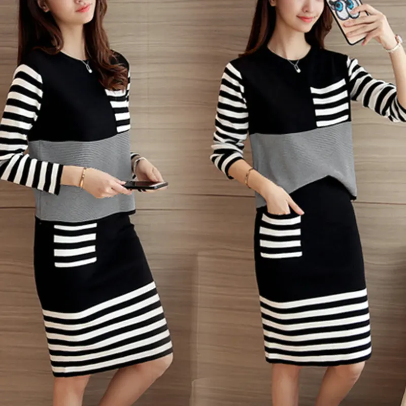 

2019 spring autumn new casual Korean fashion striped temperament O collar knit sweater +midi Wool skirt two-piece set woman XXL