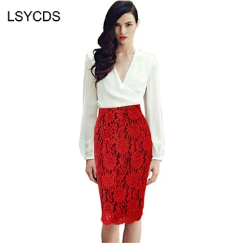 

2020 New Arrival Long Lace Skirt for Women Elegant Style Bodycon Red Lace Knee-Length Casual Pencil Skirts Summer faldas S-XXXL