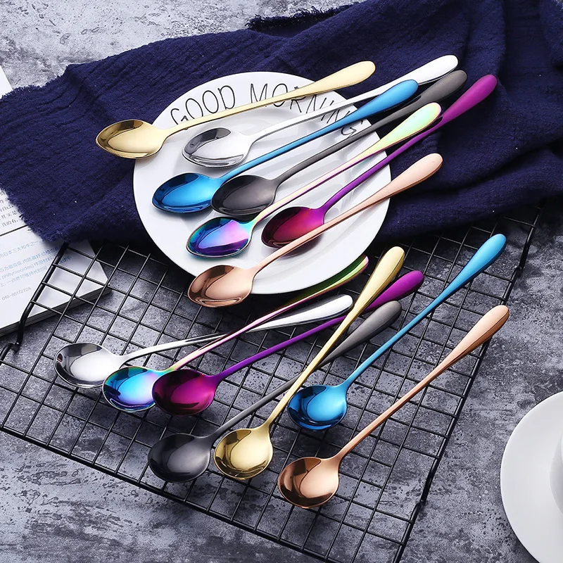 

19.5cm Stainless Steel Round Head Spoon Rainbow Coffee Mixing Spoon Set Cold Drink Colorful Dessert Ice Spoon Flatware 6pcs/set